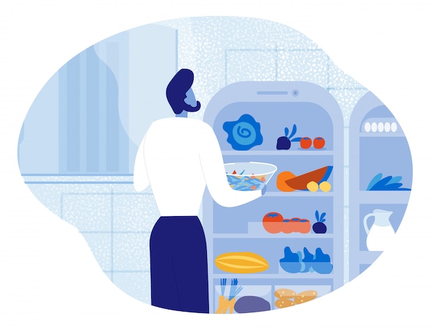 Vector bearded man standing near opened fridge with food