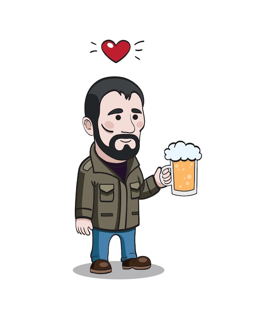 ビールジョッキを持ったひげを生やした男漫画のキャラクタービールジョッキを持ったひげを生やした男ビール愛のコンセプトオクトーバーフェスト