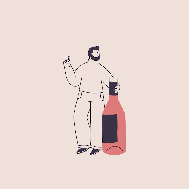 Un uomo barbuto con una bottiglia di vino fa un gesto victoria simpatico personaggio in stile trendy illustrazione vettoriale isolata per il design del tema del vino