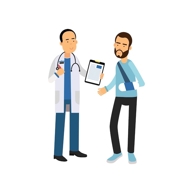 bearded man with broken arm visiting traumatologist cabinet in hospital. cartoon doctor and patient characters in modern flat style. medical service concept. vector illustration isolated on white.