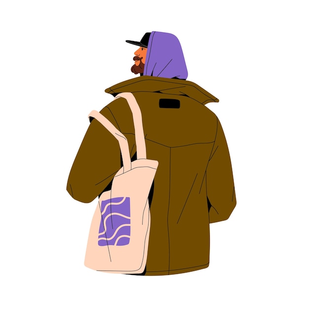 ベクトル 後ろ姿を歩くエコ キャンバス バッグを持つひげを生やした男フード現代都市衣装を着た男カジュアル スタイルの買い物客トートとキャップの男性白い背景のフラット分離ベクトル図