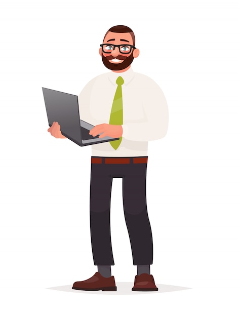 A bearded man with glasses is holding a laptop in his hands.