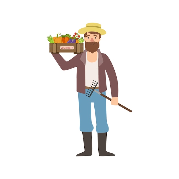 Bearded man with rake and crate of vegetables