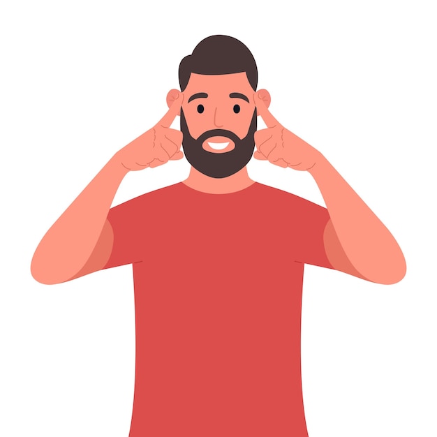 Bearded man with stubble looking straight and holding fingers on his temples trying to remember thing or word vector