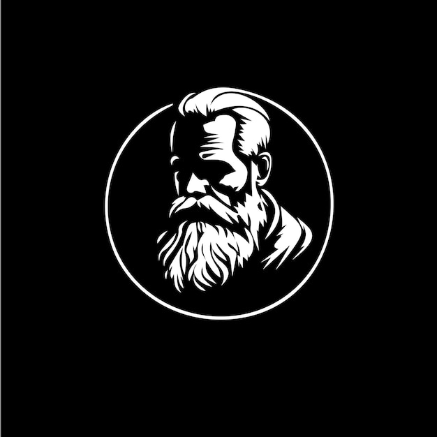 Bearded old man bust logo template Santa Claus monument emblem sage stamp grandfather tattoo sketch Hand drawing emblem on black background for body art monochrome art Vector illustration