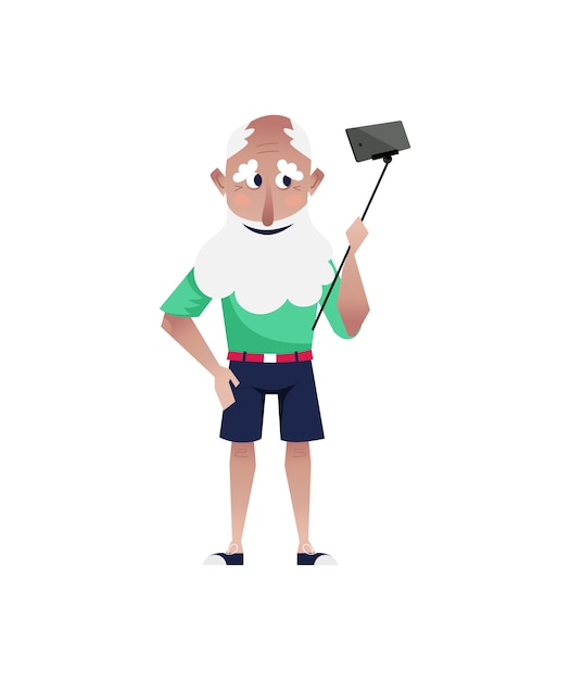 Bearded old man doing selfie in shorts