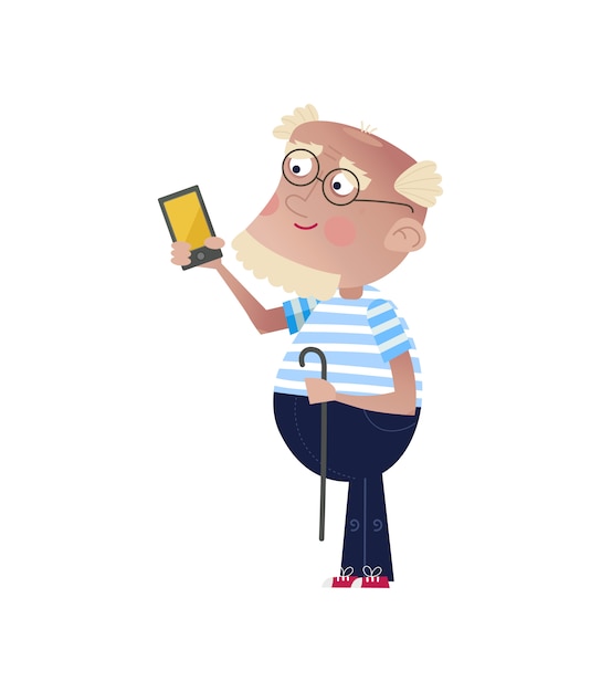 Bearded old man with smartphone and stick