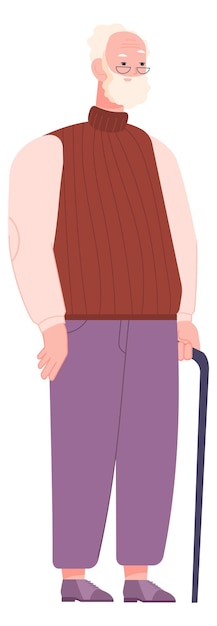 Vector bearded old man with walking cane senior character