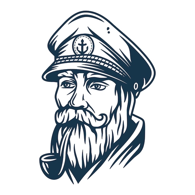 Vector bearded ship sailor with captain cap and a pipe