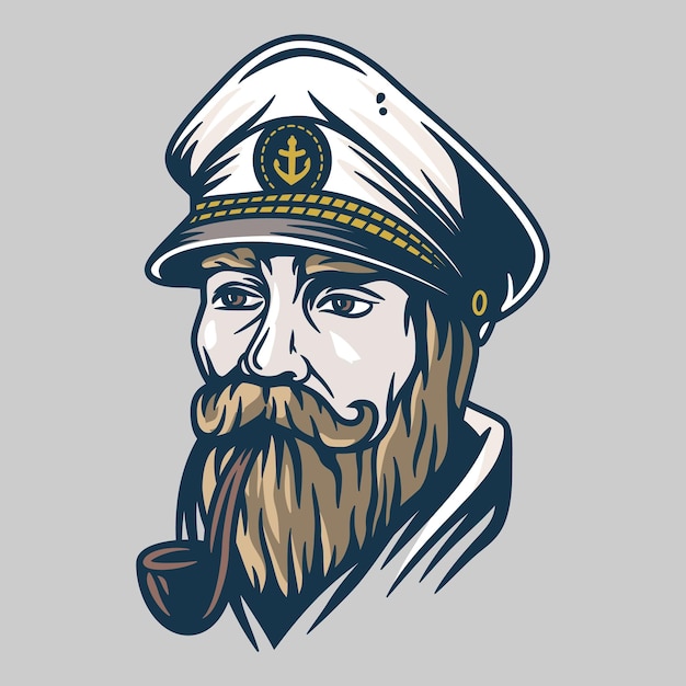 Bearded ship sailor with captain cap and a pipe