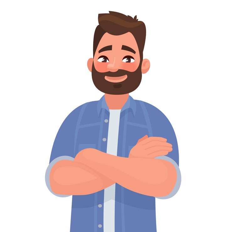 Vector bearded smiling man with arms crossed.