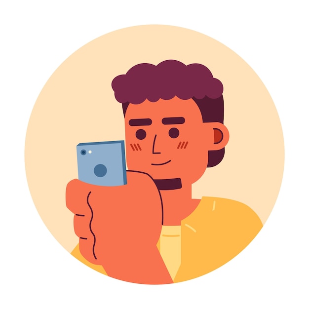 Bearded south asian man looking at phone 2D vector avatar illustration Holding mobile hipster indian beard cartoon character face Social media user flat color user profile image isolated on white