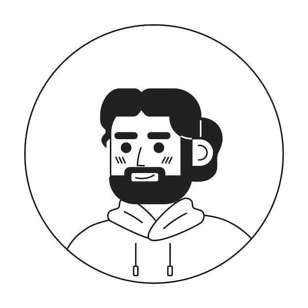 Bearded spanish man monochrome flat linear character head Charming male with bun hairstyle Editable outline hand drawn human face icon 2D cartoon spot vector avatar illustration for animation