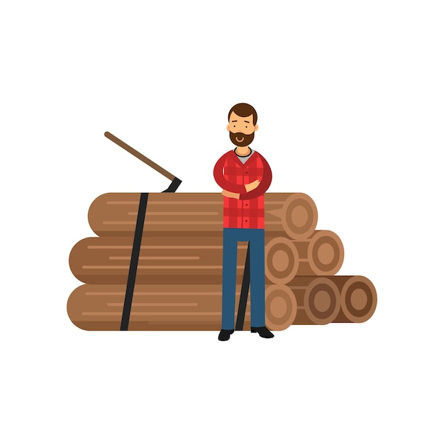 Vector bearded woodcutter in hipster plaid shirt standing near pile of logs with arms crossed. cartoon smiling lumberjack character design isolated on white. worker man concept. flat vector illustration.