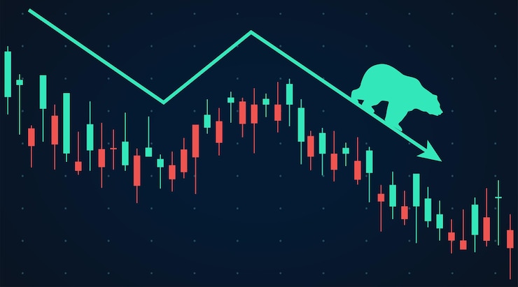 Vector bearish marktkaars staafdiagram in dalende trend aandeel beursfinanciering zakelijke vecto