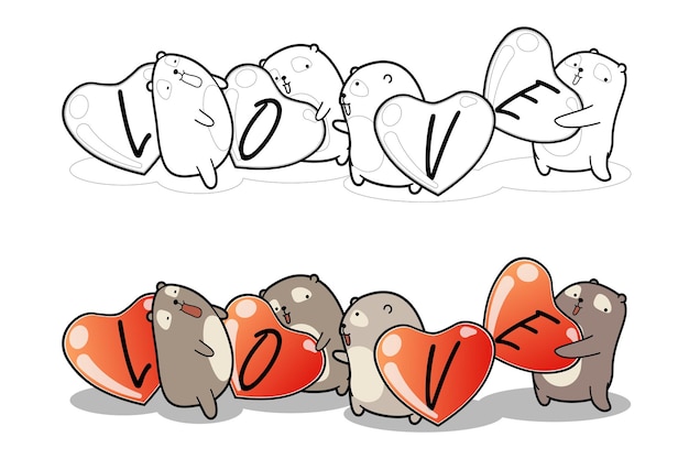 Bears are holding hearts cartoon coloring page for kids