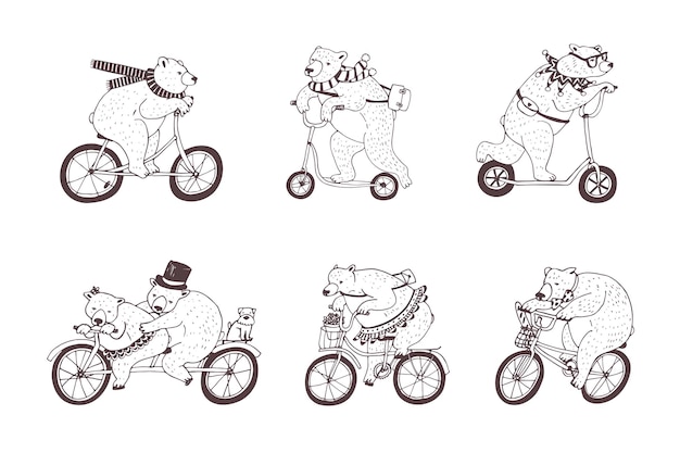 Bears on bikes vector illustrations line set