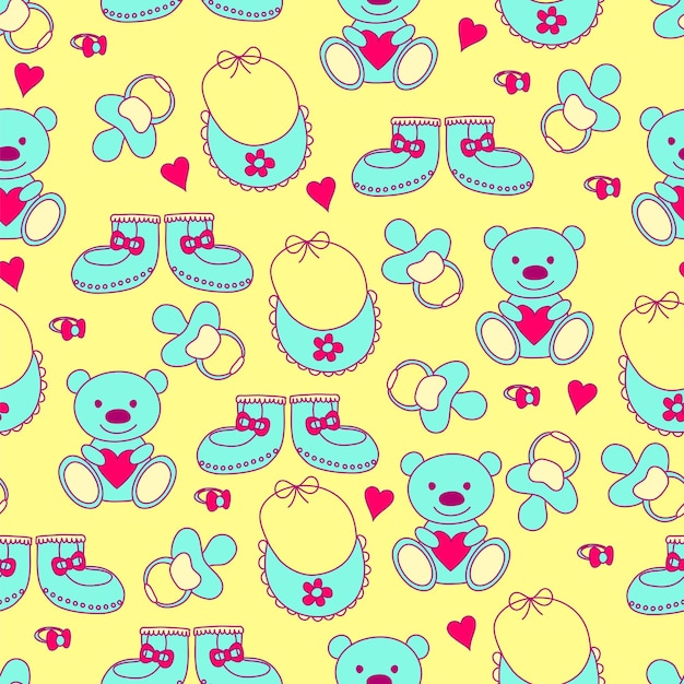 Bears, booties, bibs and pacifiers seamless pattern