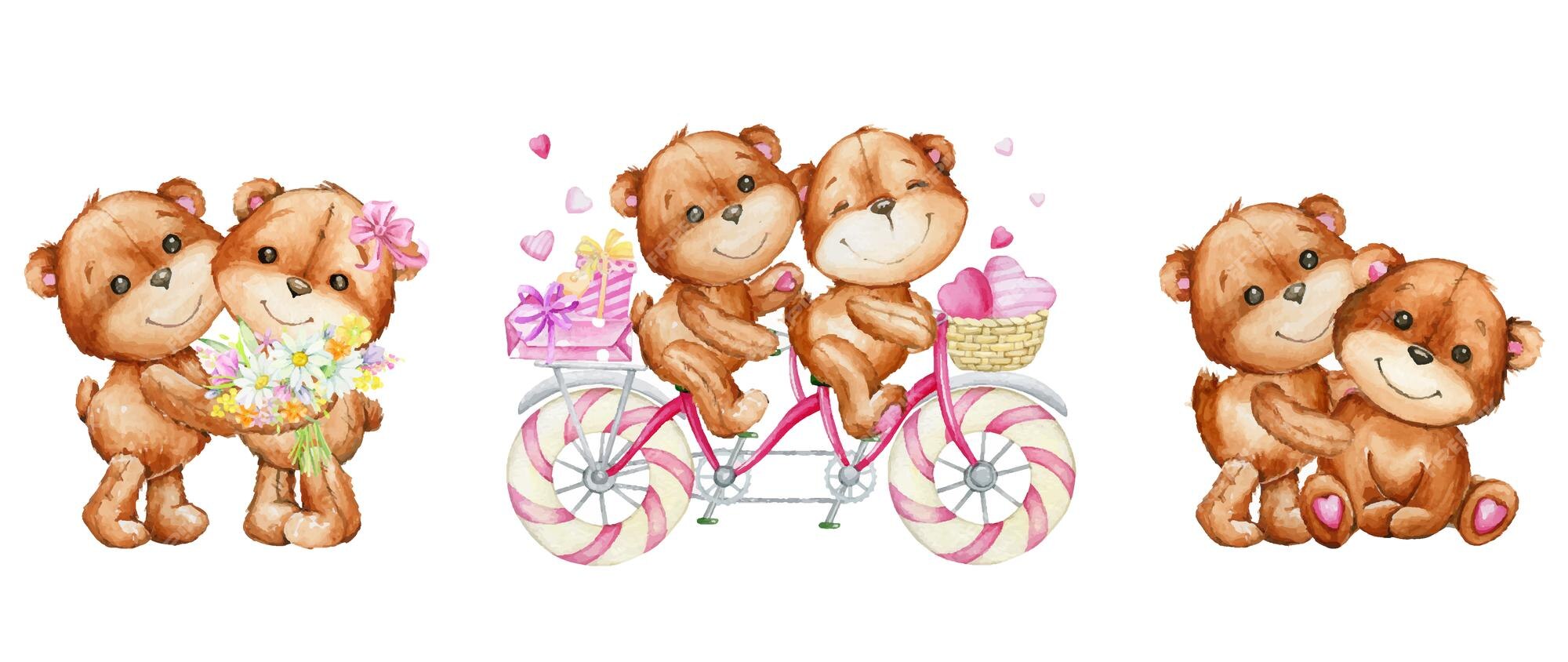Premium Vector  Cute bears, tandem bike, hearts, gifts, letter. watercolor  set of elements in cartoon style on an isolated background.