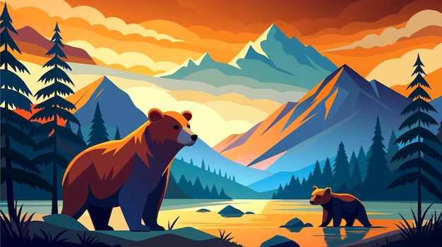 Bears in a picturesque mountain landscape at sunset