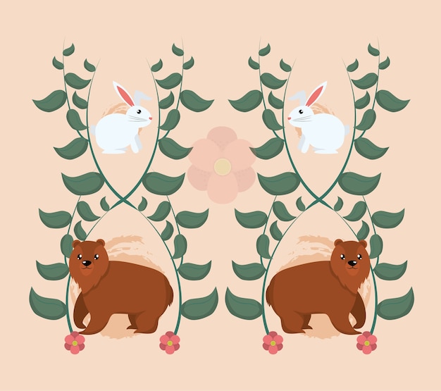 Bears and rabbit cartoons with flowers