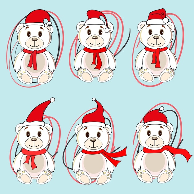 Bears white labels with Christmas hats of Santa Claus