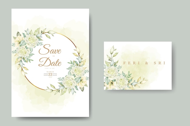 beatiful flowers and leaves watercolor wedding invitation card  template