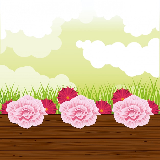 Vector beatiful garden with flowers scenery