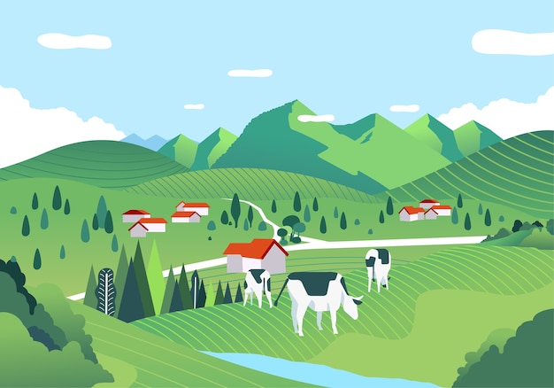 Beatiful landscape with a vast expanse of green field, hill and cows are grazing. used for poster, banner and web image