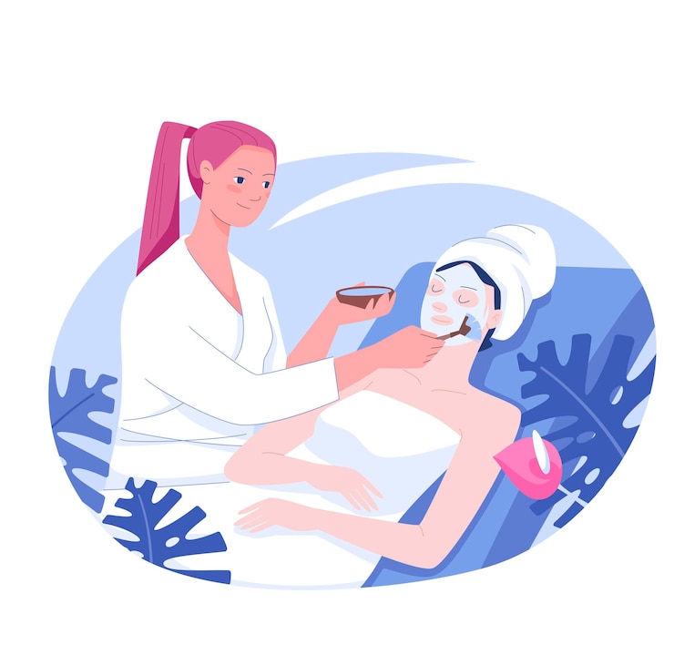 Vector beautician applying facial mask to the client beauty salon spa wellness cosmetology