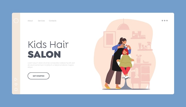 Beautician grooming place for kid landing page template young girl groomer hairdresser in beauty salon cut child hair