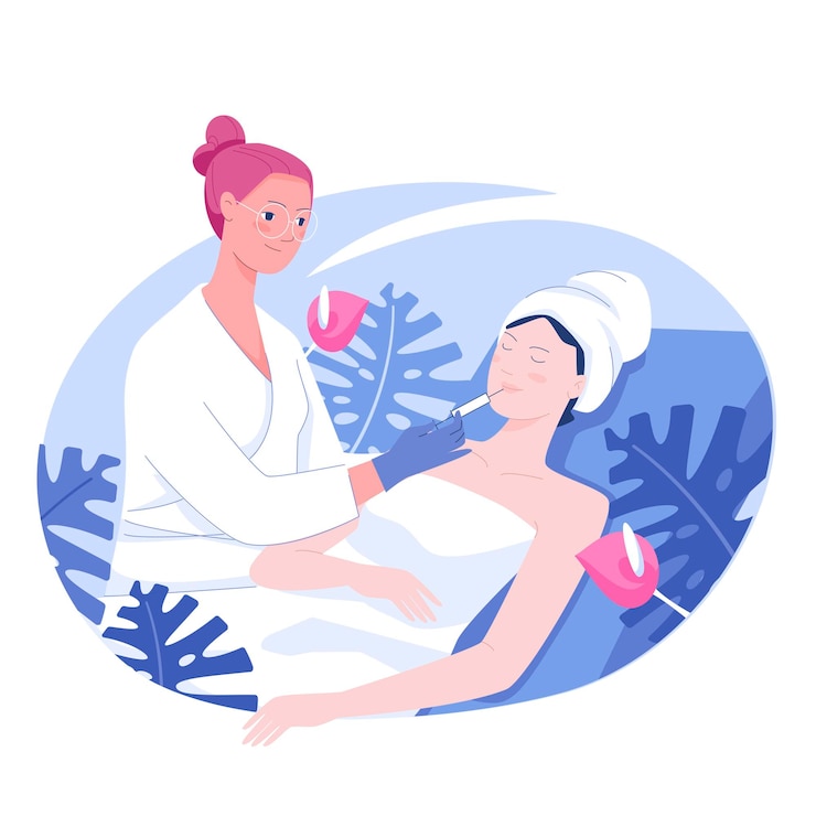 Vector クライアントの唇にフィラーを注入する美容師 spa イラスト アンチエイジ手順