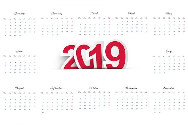 Vettore bella progettazione del calendario aziendale 2019