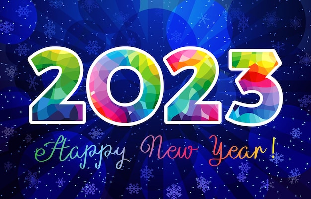 Vector beautiful 2023 a happy new year congrats. stained-glass art logotype concept. winter blue backdrop.