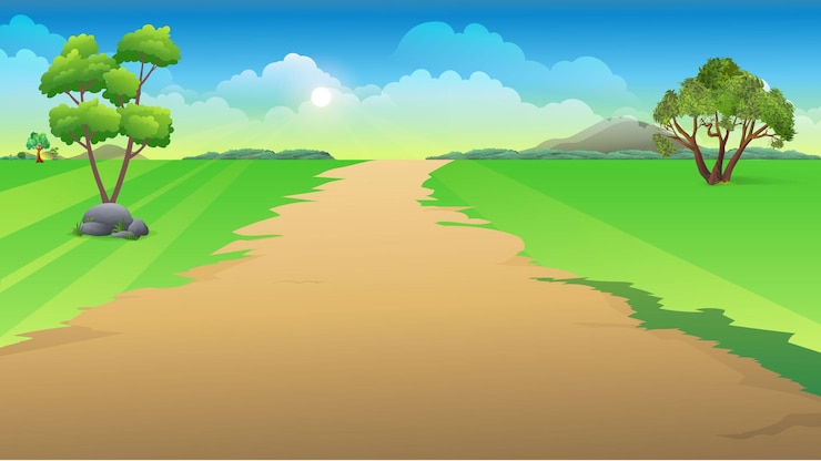Vector beautiful 2d green field road and tree background with sky