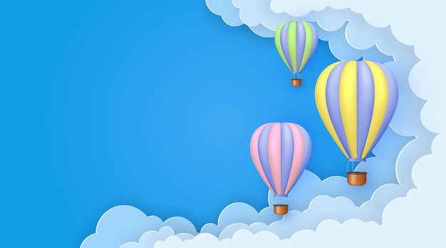 Beautiful 3d balloons flying on blue sky with paper clouds