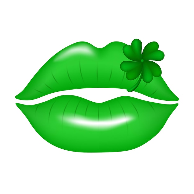 Красивые 3d-зеленые губы с четырёхлистным клеветом на белом фоне счастливого дня святого патрика вектор