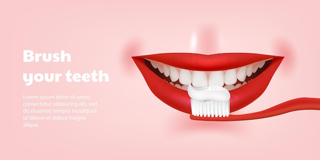 Красивая 3D-иллюстрация для медицинского баннера с изображением красной зубной щетки, чистящей реалистичные зубы