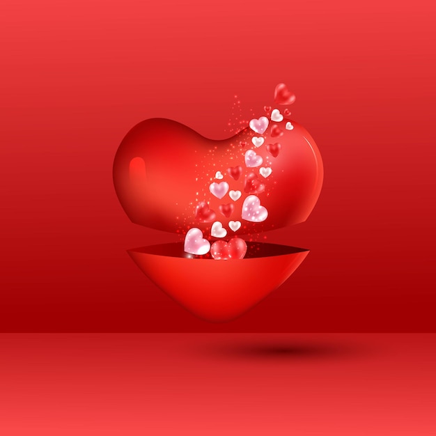 Beautiful 3d red heart open gift box and pink red hearts flying Happy Valentine's Day greeting background template