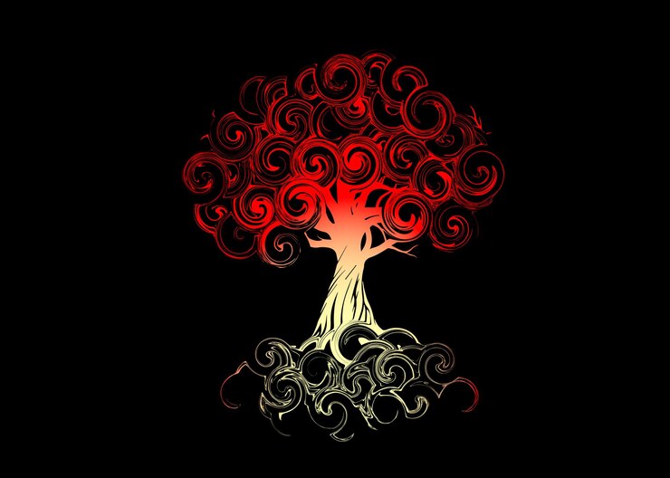 Vector beautiful abstract ancient great magical mystical red tree wallpaper background painting