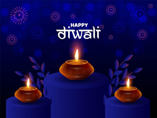 Beautiful abstract blue background for Indian festival of light Happy Diwali with illuminated oil lamps