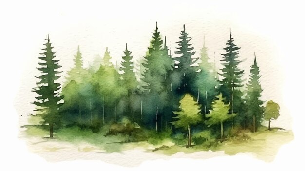 森の風景の美しい抽象的な松の木 隔離された白い背景の水彩のブラシ 結婚式の招待状のためのベクトルイラスト RSVP 壁紙バナーポスターなど