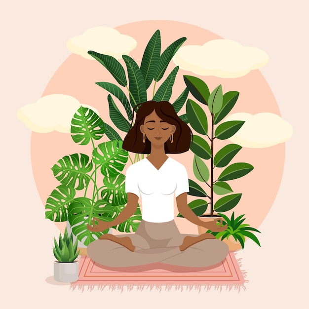 Beautiful African American brunette girl in a lotus pose surrounded by plants