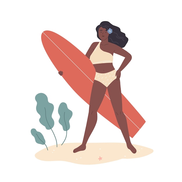 Beautiful african american woman in bikini stand on summer beach and hold surfboard. Female pretty surfer posing with surf board. Flat vector cartoon illustration isolated on white background.