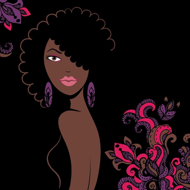 꽃과 함께 아름 다운 아프리카 계 미국인 여자 실루엣