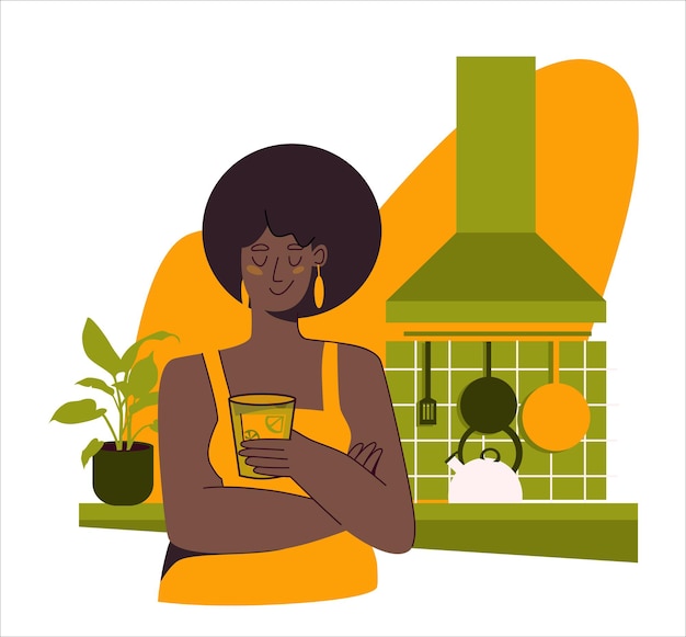 Beautiful african american woman stands in kitchen with glass of iced tea vector flat illustration