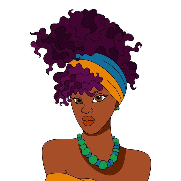 Vector beautiful african american woman turban head scarf afro girl hairstyle vector coloring illustration