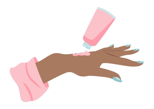Vector beautiful african female hand using hand cream flat style isolated on white backround