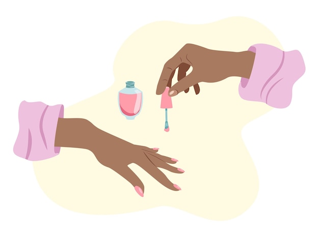 Вектор Красивые африканские женские руки делают маникюр с розовым лаком для ногтей в плоском стиле