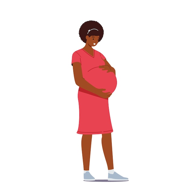 아름 다운 아프리카 임신 한 여자 아기 임신 개념을 기다리고 젊은 어머니는 흰색 배경에 고립 된 배꼽을 잡아